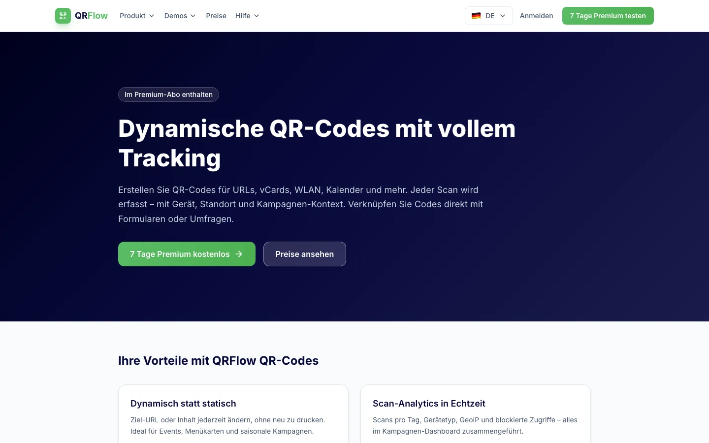 QRFlow Produktseite zu dynamischen QR-Codes