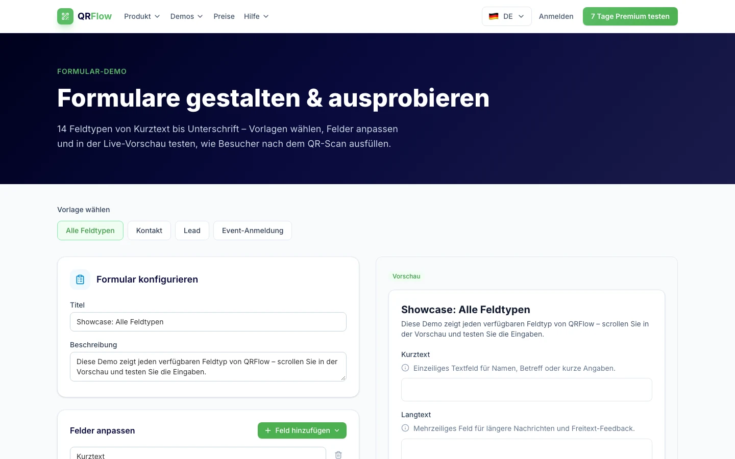 QRFlow Formular-Demo mit Editor und Vorschau