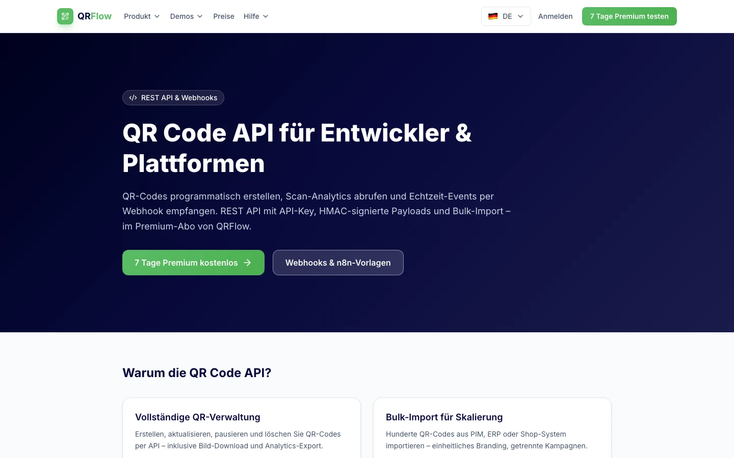 QRFlow QR Code API und Webhooks Dokumentation
