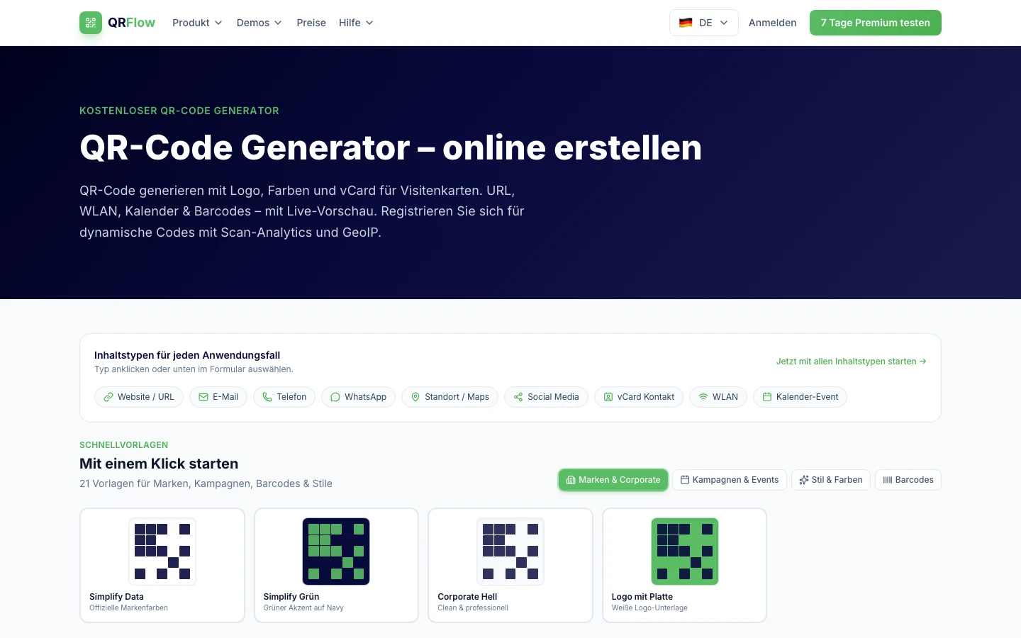 QRFlow QR-Code Generator mit Live-Vorschau