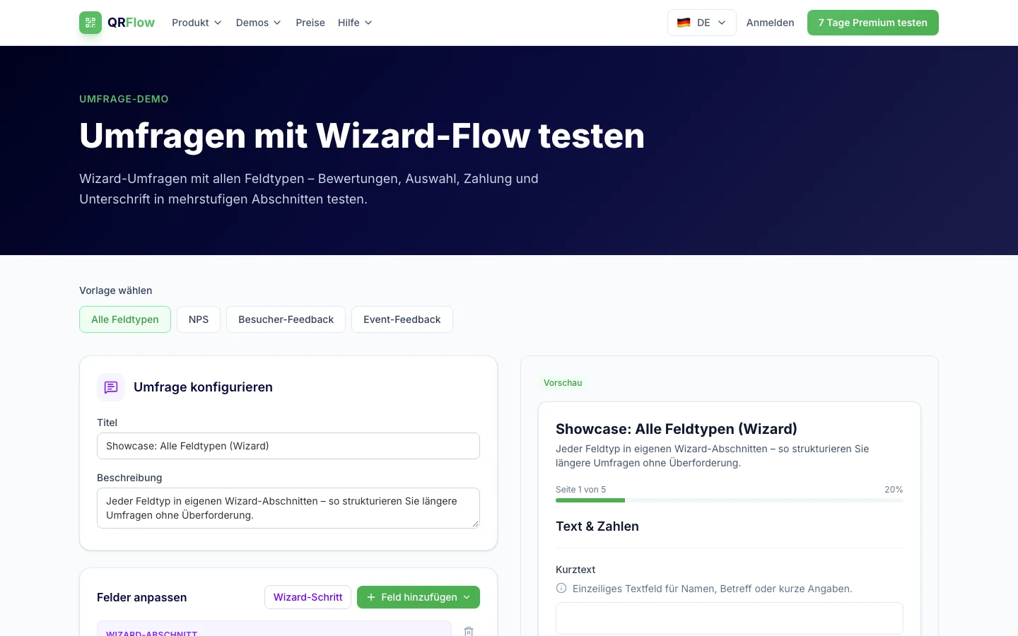 QRFlow Umfrage-Demo mit Wizard-Vorschau